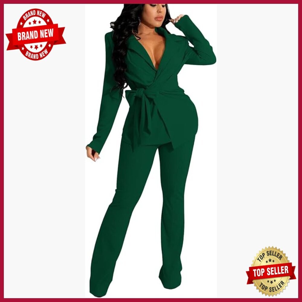 Women's Polyester Spandex Blazer Pantsuit Set with Belt S-2XL